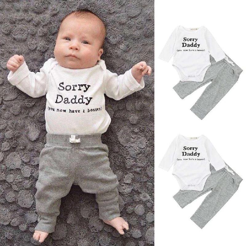 Sorry Daddy Long-Sleeved Bodysuit/Tees & Grey Jogger Sets (MRK X)