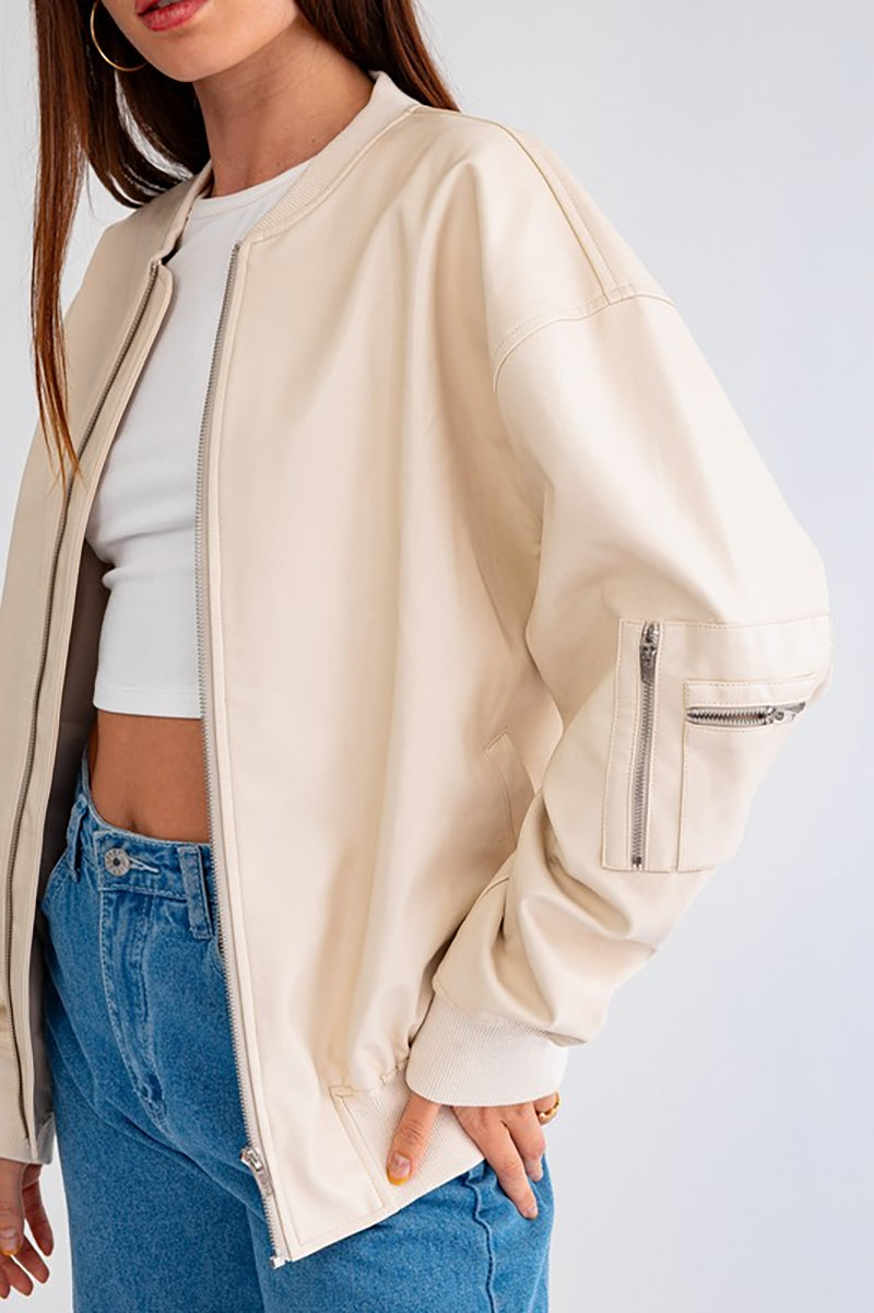 Vegan Side Pocket Front Zipper Leather Jacket