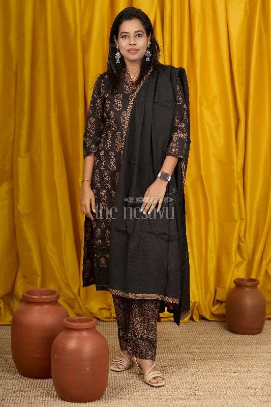 Black Ajark Printed Cotton Straight Suit Set with Embroidery and Matching Printed Bottom for Women