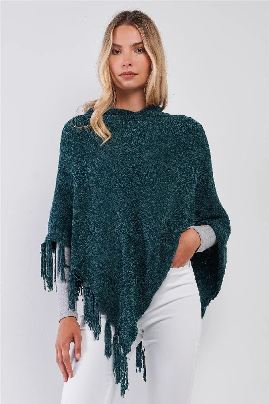 Chenille Knit Tassel Fringe Side Trim Hooded Poncho