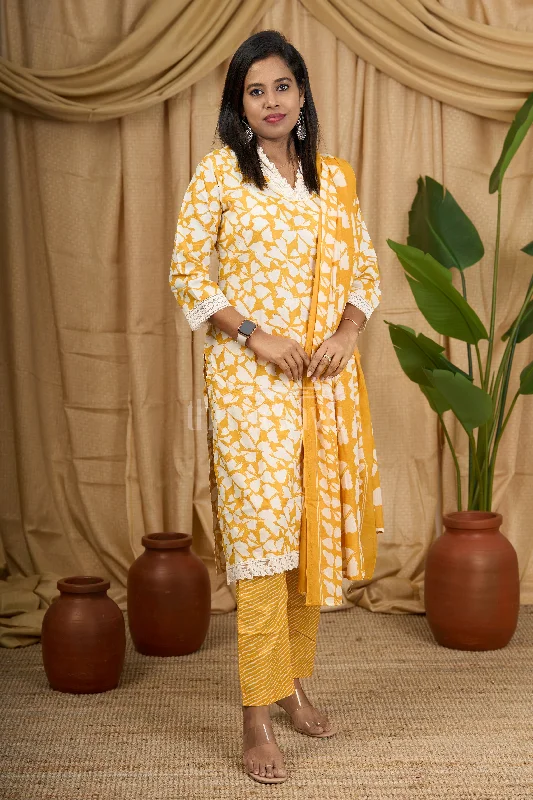 Mustard Yellow 3-Piece Cotton Straight Suit with Embroidered Neckline