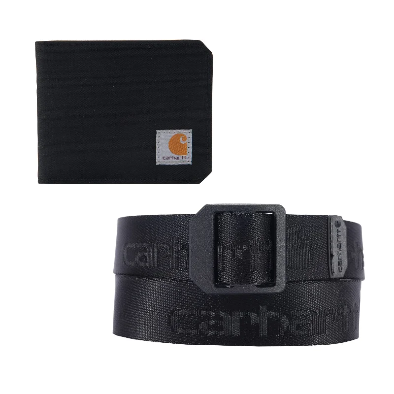 Carhartt A0005780 Men's Bifold and Passcase, Durable Billfold, Available in Leather and Canvas Styles, Wallet & Belt Gift Set (Black Wallet, Black Size Medium Belt), One Size