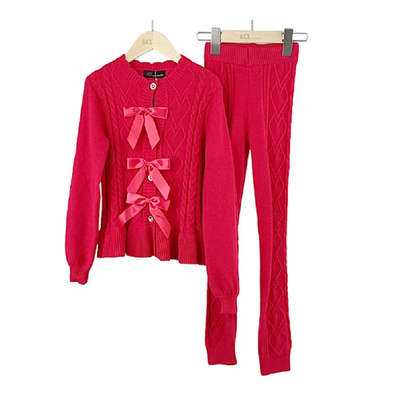 Little Luxe London Cable Bow Cardigan Set- Red