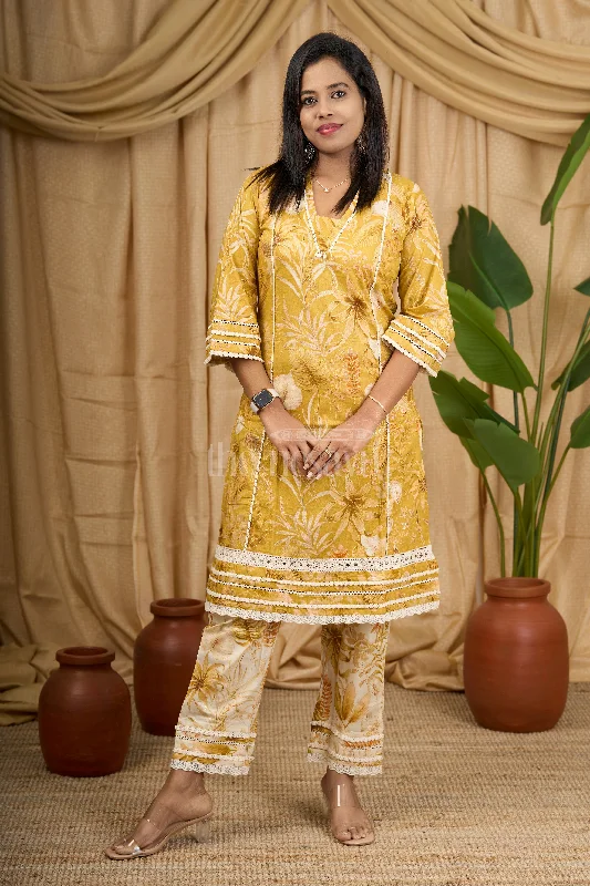 Mustard Yellow Floral Cotton Kurti Set with Lace Detailing for Women