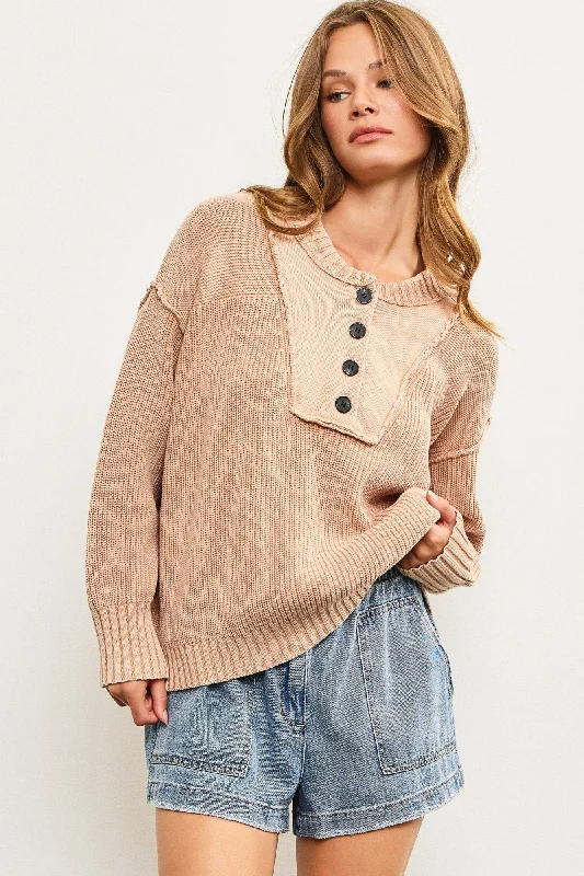 Cotton Front Quarter Button Cable Knit Sweater