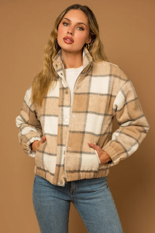 Plaid Elastic Waist Puffer Jacket