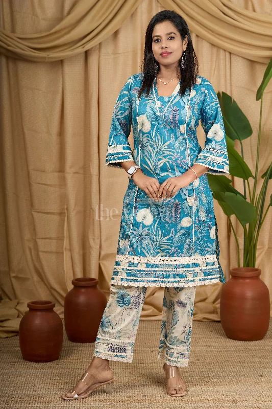 Blue Floral Cotton Kurti Set with Delicate Lace Detailing and Matching Bottom for Women