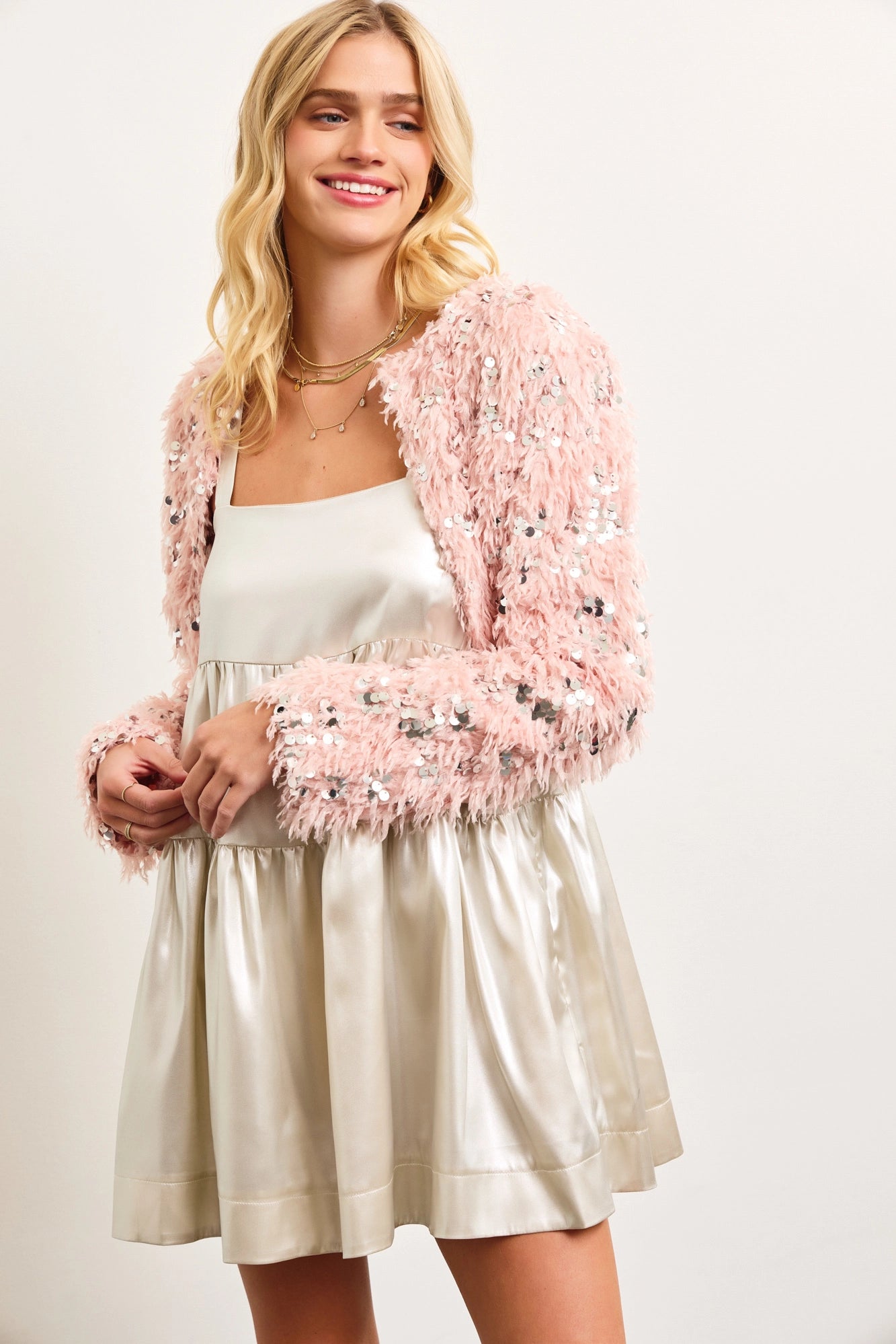 Sequin Faux Feather Padded Shoulder Cropped Jacket