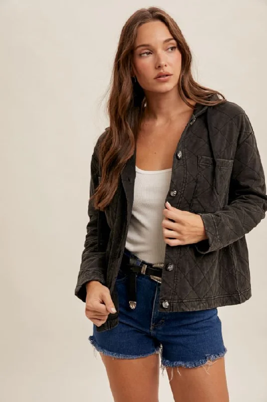 Quilted Washed Cotton Hooded Button Down Jacket