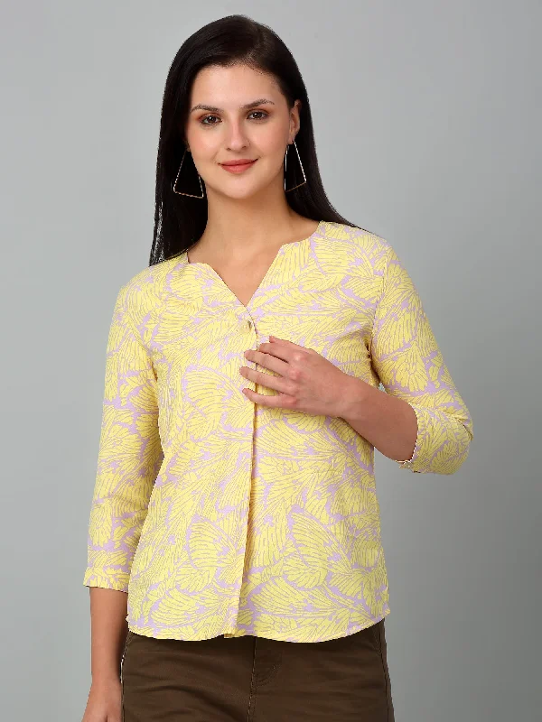 Women's Casual  Yellow Abstract Print V neck Top