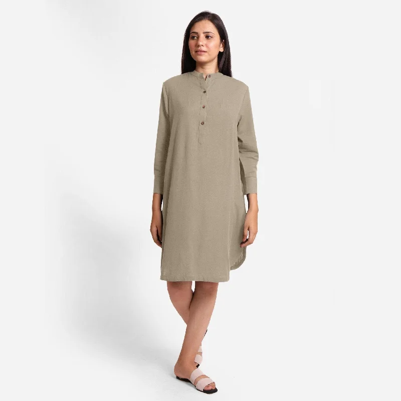 Beige Cotton Flax Knee Length Shirt Dress