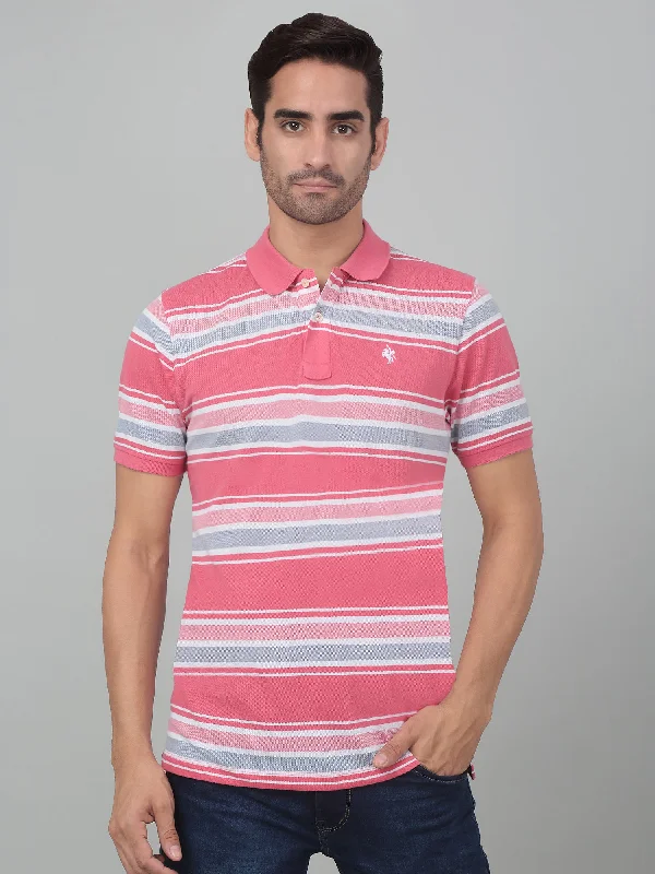 Men's Pink Stripe Polo neck Half Sleeve T-Shirt