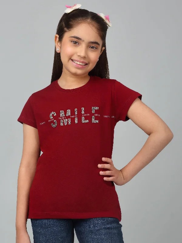 Girls Casual Maroon Half Sleeves  T-Shirt