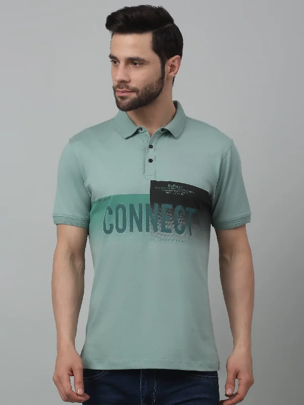 Men's Aqua  Green Polo neck Half Sleeve T-Shirt with Typographic print