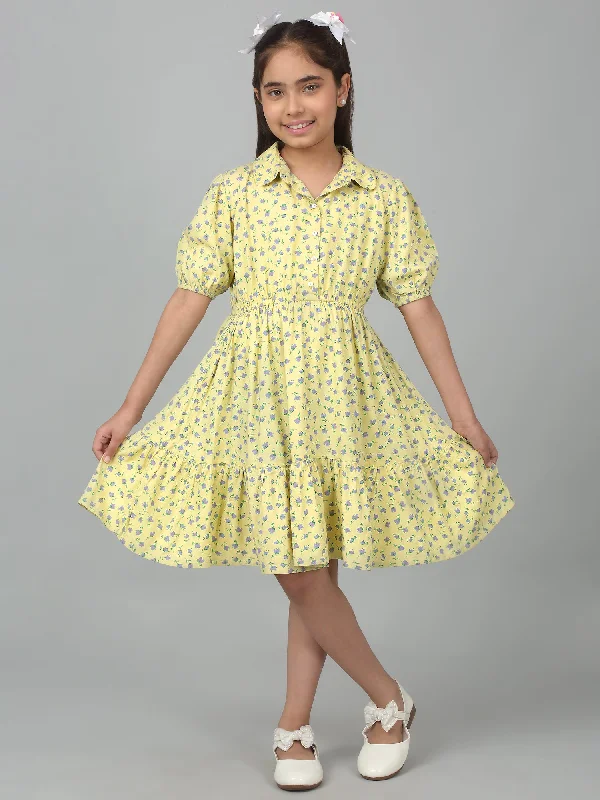 Girls Yellow Half Sleeves Floral Print Dress