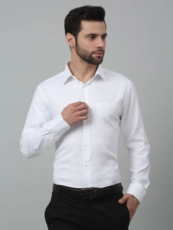 Men's White Formal Self Textured Full Sleeve Shirt