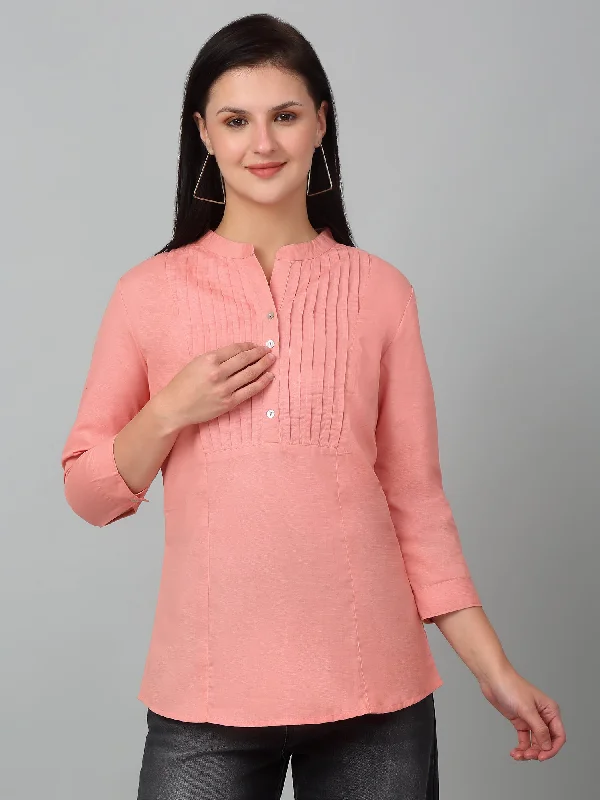 Women's Casual  Peach Solid Mandarin Collar Tunic