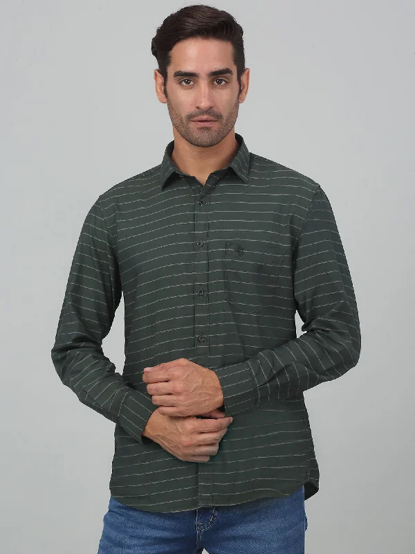 Men's Olive Green Casual Horizontal Stripe   Full Sleeve Shirt