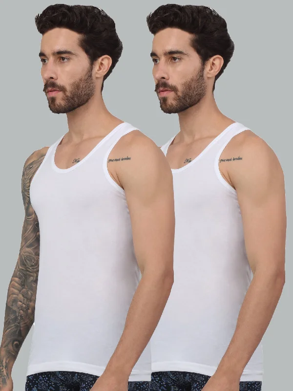 Men White Set of 2 Round Neck Cotton Vest