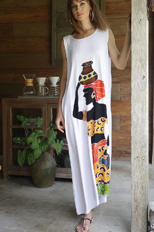 SHU-SHI Women's Loose Sleeveless Tank Dress - Casual Beach Cover-Up Sundress with Hand-Painted Tribal Design