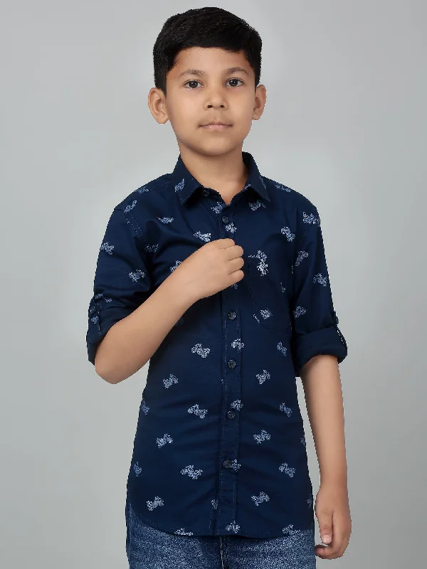 Boys Casual Navy Blue Full Sleeve with Tab  Shirt