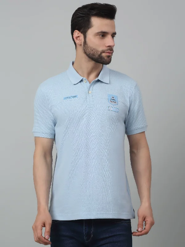 Men's Sky Blue Polo neck Half Sleeve T-Shirt with cut n sew