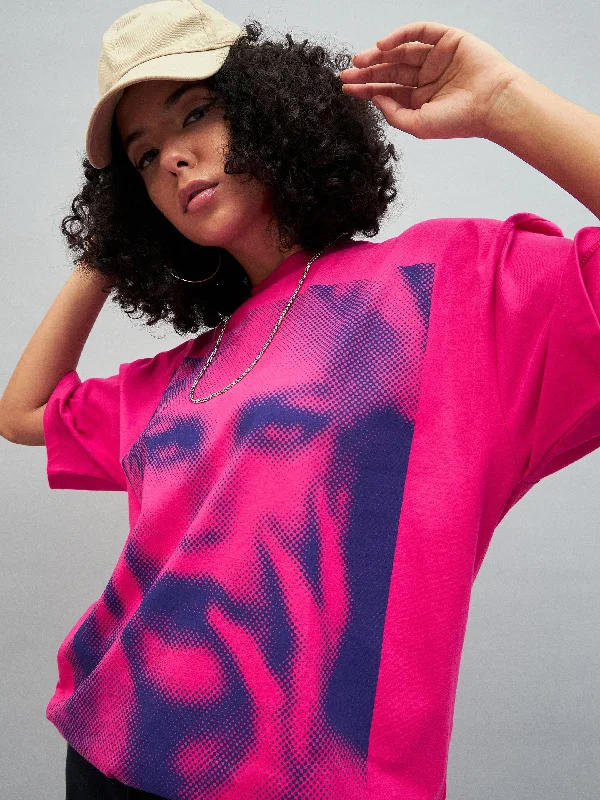 Women Barbie Pink Photographic Print Oversized T-shirt