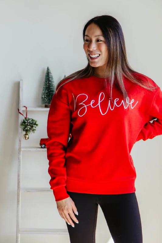 1897 Active Believe Embroidered  Fleece Sweatshirt for Women in Red | GT033-BELIEVE-RED