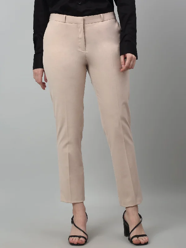 Women's Formal Flat Front Beige Full length Mid rise Trousers