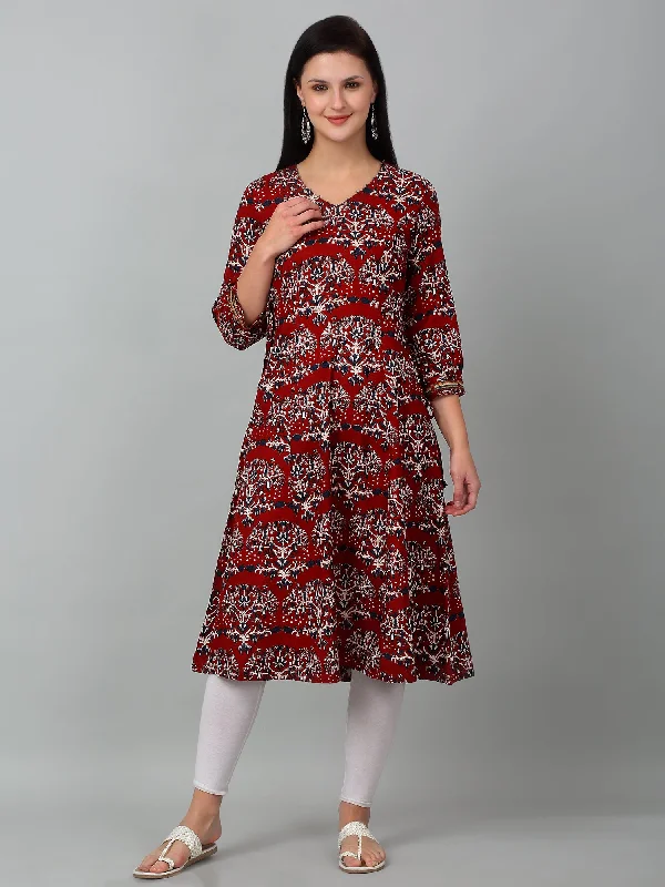 Women's Casual V Neck Maroon All Over Printed Knee Length Kurti