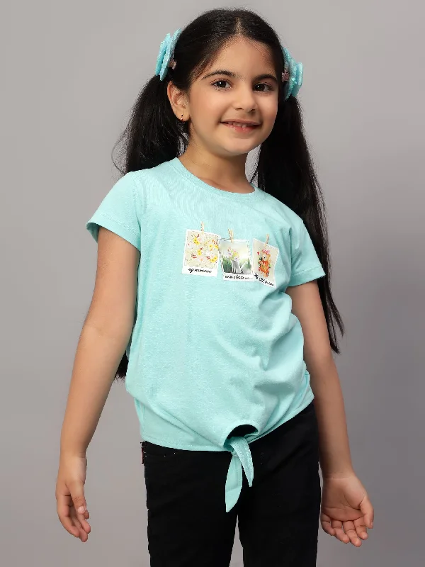 Girls Casual Aqua Half Sleeves  T-Shirt