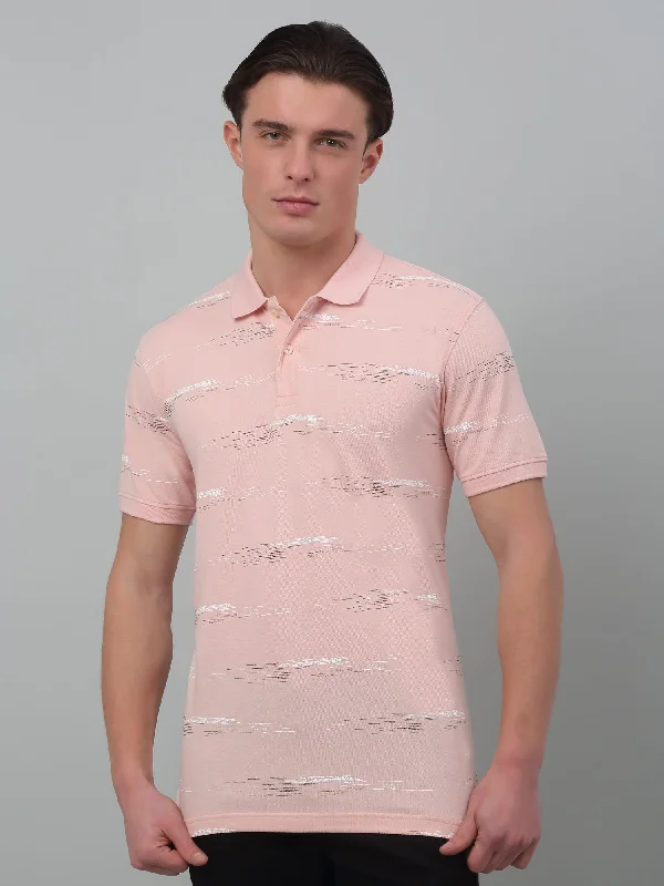 Men's Light Pink All over print Polo neck Half Sleeve T-Shirt