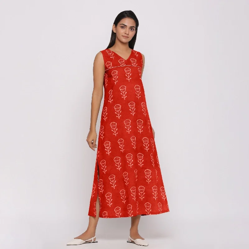 Orange Floral Block Print Cotton Shift Maxi Dress