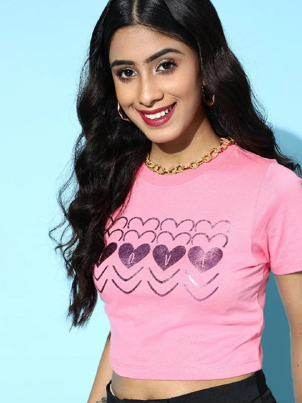 Pink With Lilac Foil Hearts Crop T-Shirt