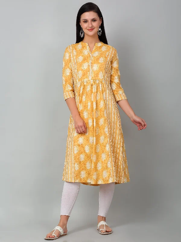 Women's Casual Band Collar Light Mustard All over Printed Calf Length Kurti