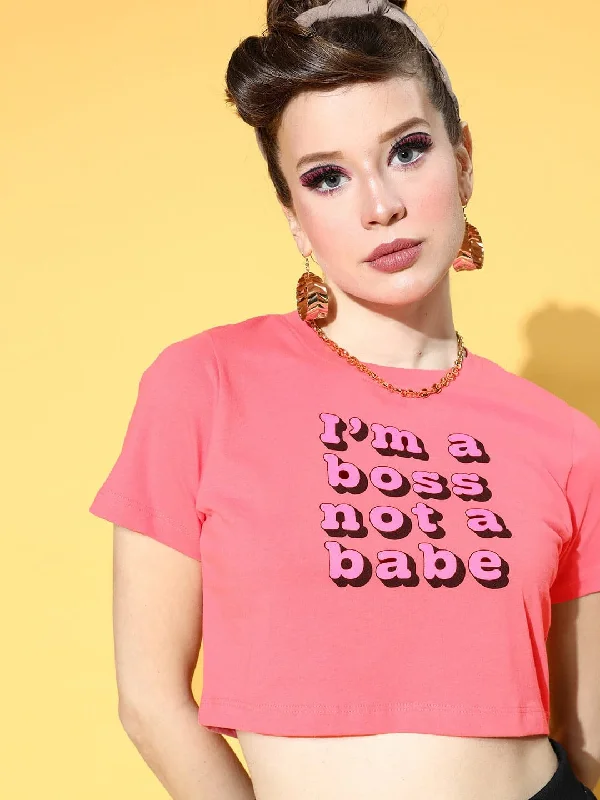 Women Pink I'm Boss Print Slim Fit Crop T-Shirt