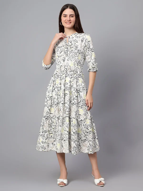 Women's Casual Tie up neck White Floral Print Fit & Flared Dress