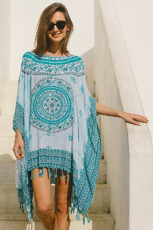 SHU-SHI Women's Short Poncho Beach Dress - Ethnic Mandala Cover-Up Kaftan with V-Neck and Sequins