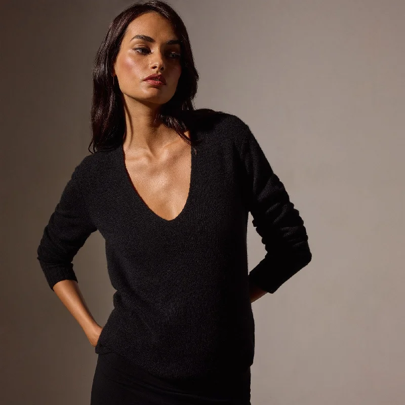 Soft Featherweight Cashmere Deep V Sweater - Black