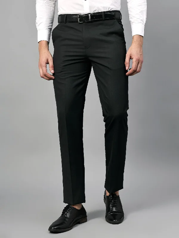 Men's Charcoal Black Self Design Non-Pleated Formal Trouser