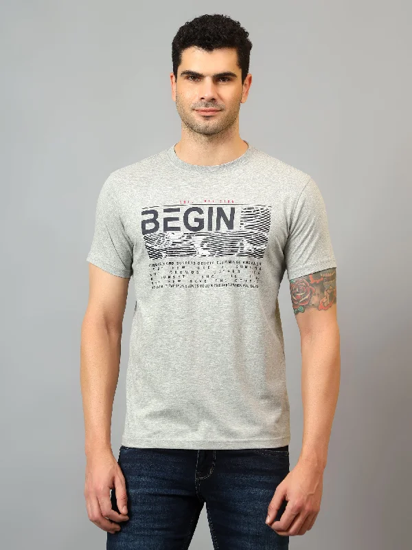 Men's Grey Melange Round neck Half Sleeve T-Shirt with Typographic print