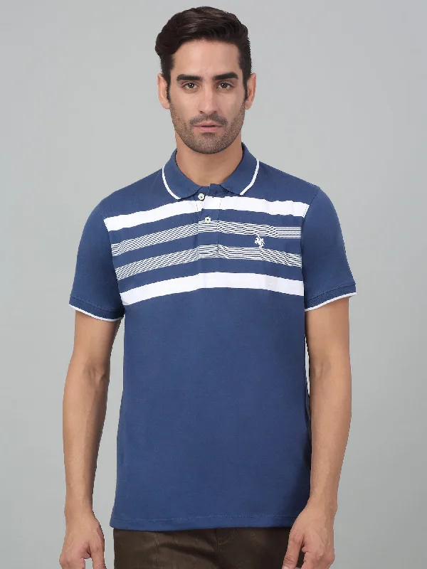 Men's Airforce Blue Stripe Polo neck Half Sleeve T-Shirt