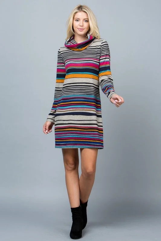 Colorful Striped Cowlneck Sweater Dress