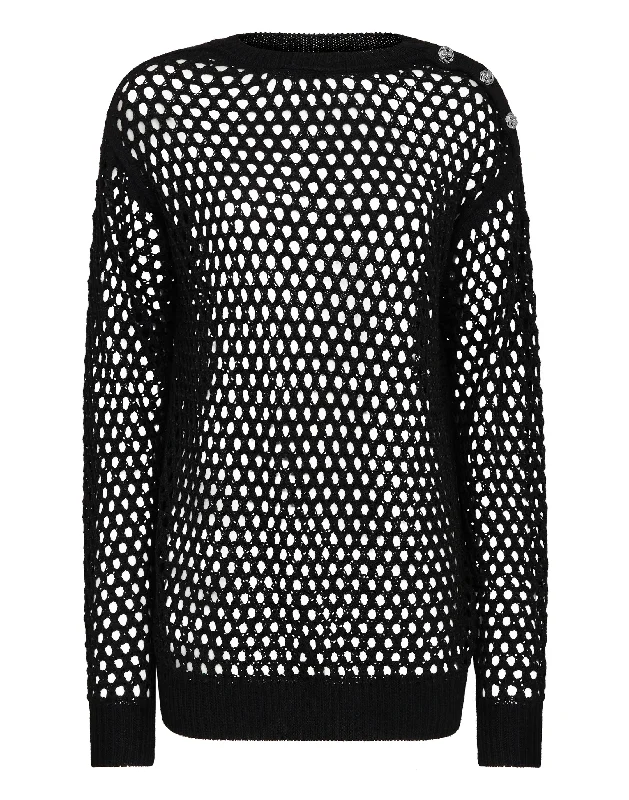 Cashmere 5 Pullover Round Neck LS Fishnet Crystal