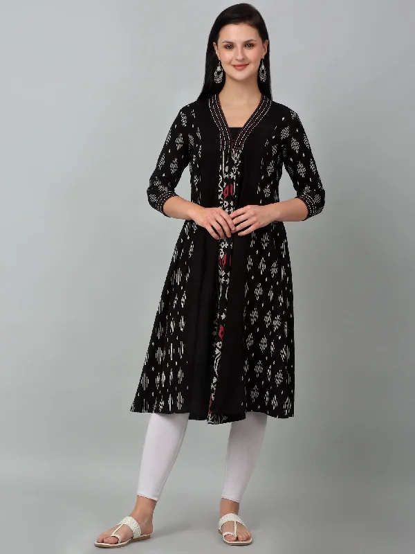 Women's Casual V Neck Black All over Printed Knee Length Kurti