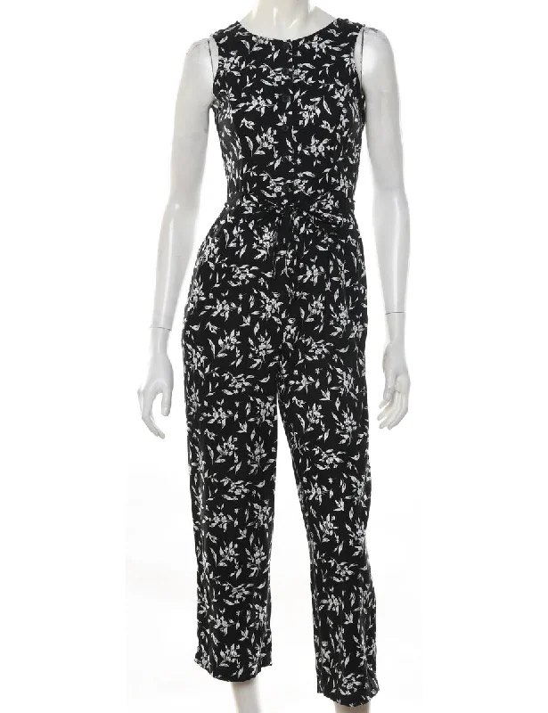 Black & White Casual Floral Pattern Jumpsuit - S