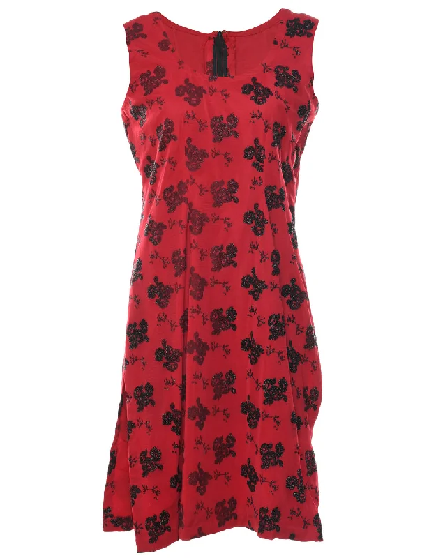 Floral Print Black & Red Evening Dress - M