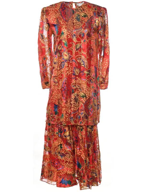 Leafy Print 1980s Multi-Colour Silk Evening Dress - L