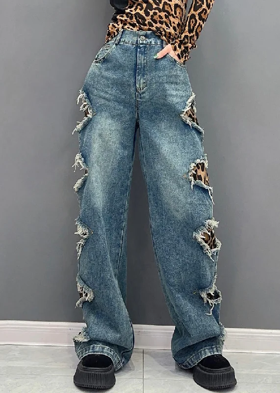 Leopard Pockets Patchwork Denim Pants High Waist