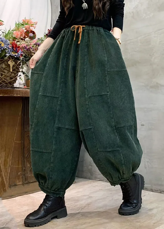 Plus Size Blackish Green Elastic Waist Tie Waist Corduroy Lantern Pants Spring